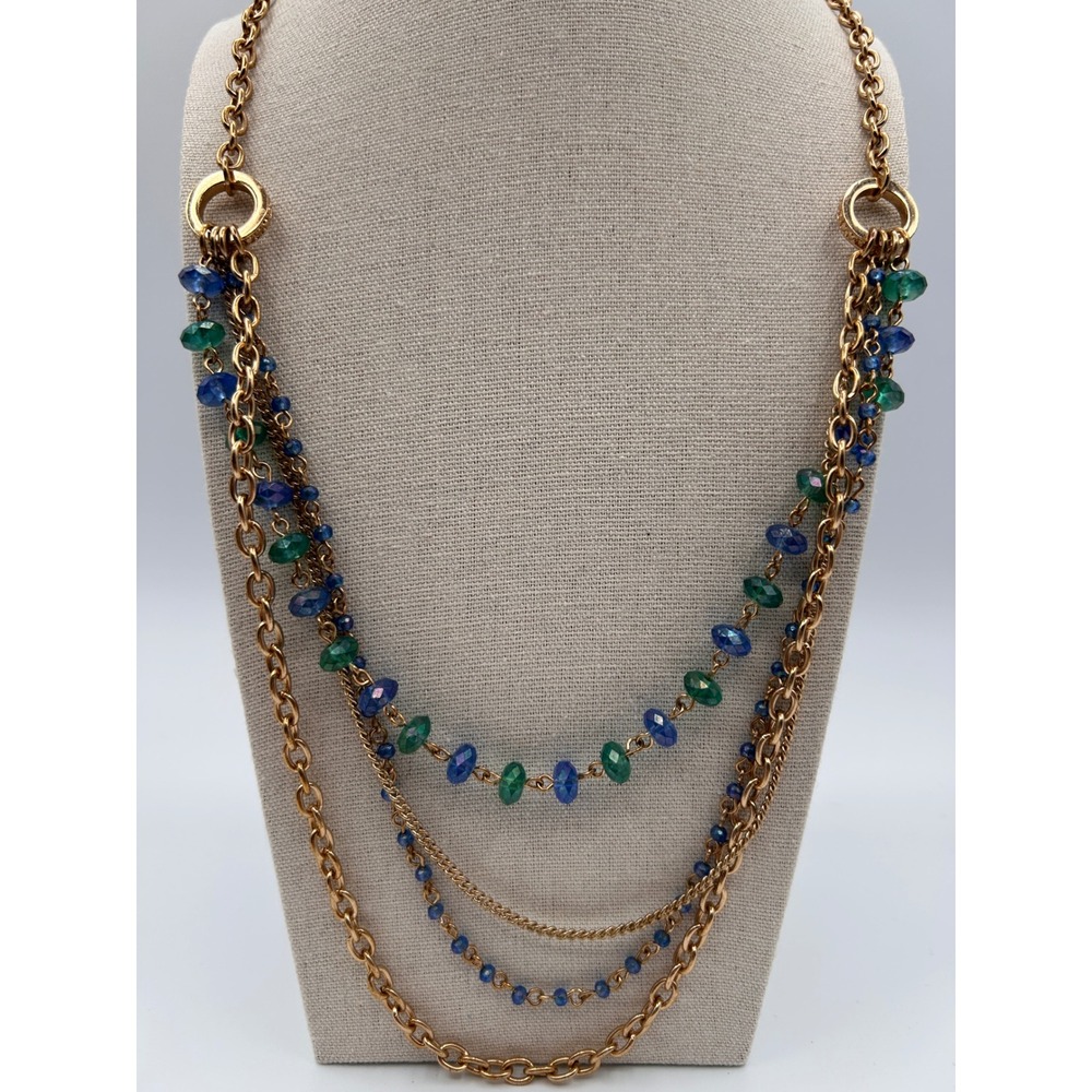 Gold Tone Layered Necklace Blue Green Multi Strand Beaded Statement Chain 16"